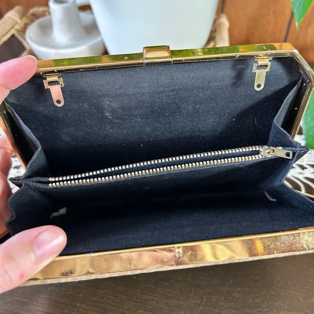 Vintage Faux Snakeskin‎ Box Clutch Bag Taupe Brown Gold Tone Evening Purse